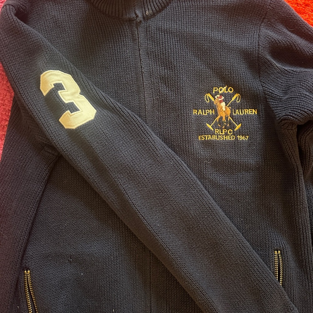 Polo by Ralph Lauren navy Zip-Up Sweater w Gold Accents fits like a small/med